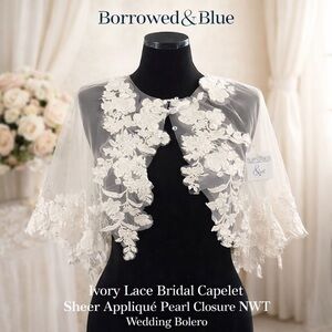 NWT Borrowed & Blue, Lace Bridal Capelet Sheer Appliqué,Pearl Closure,
 Bolero